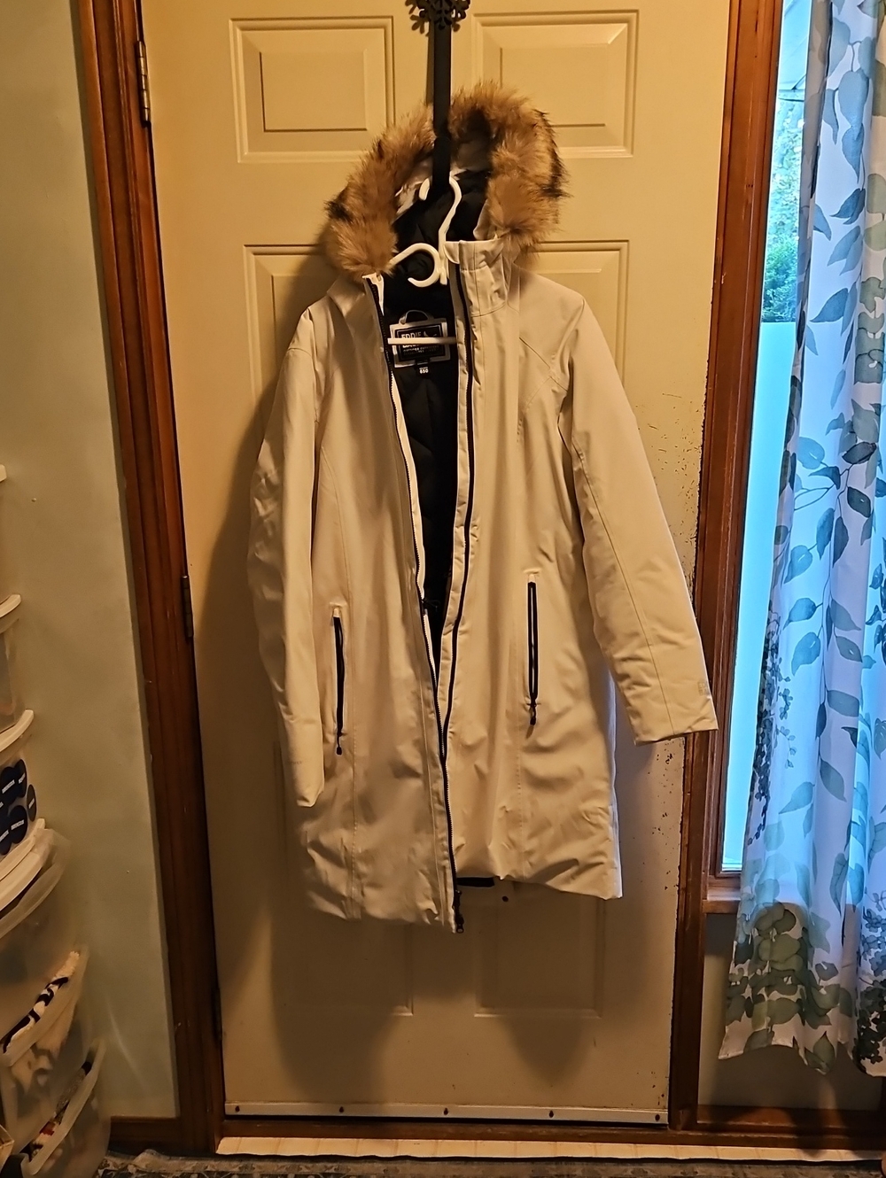 Eddie Bauer Cream Hooded Winter Coat with Faux-Fur Trim